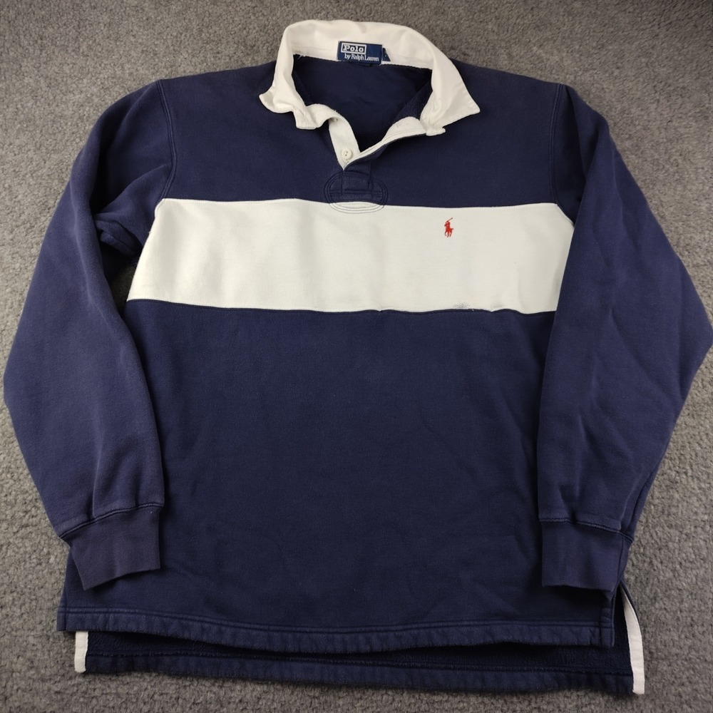 VTG Polo Ralph Lauren Mens Size Medium Rugby Sweatshirt Navy White Striped 90s